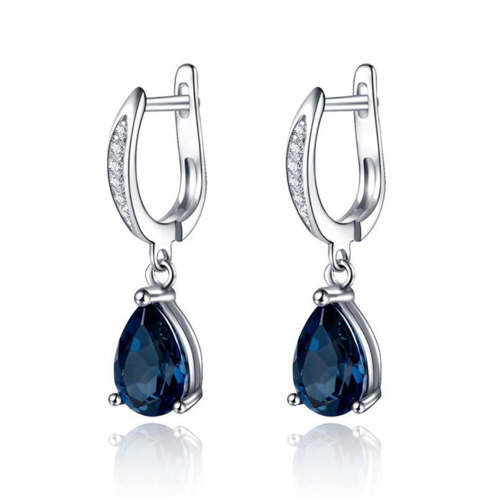 925 Silver Plated Blue Crystal Water Drop Shaped Earrings, FB16FA1159